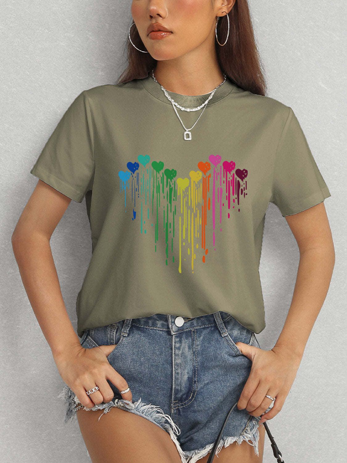 Heart Round Neck Short Sleeve T-Shirt-Angel Casuals