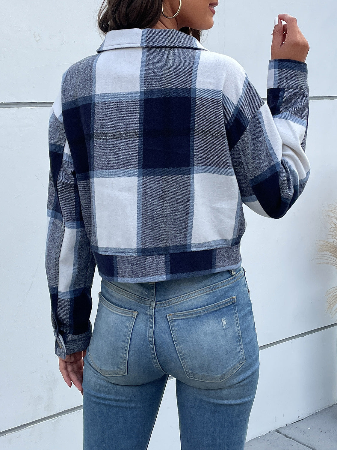 Perfee Plaid Button Up Drop Shoulder Cropped Jacket-Angel Casuals