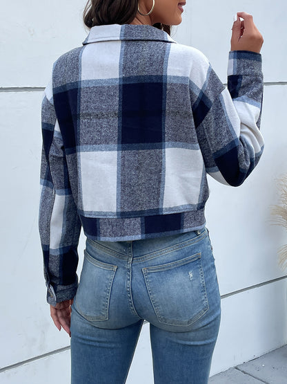 Perfee Plaid Button Up Drop Shoulder Cropped Jacket-Angel Casuals