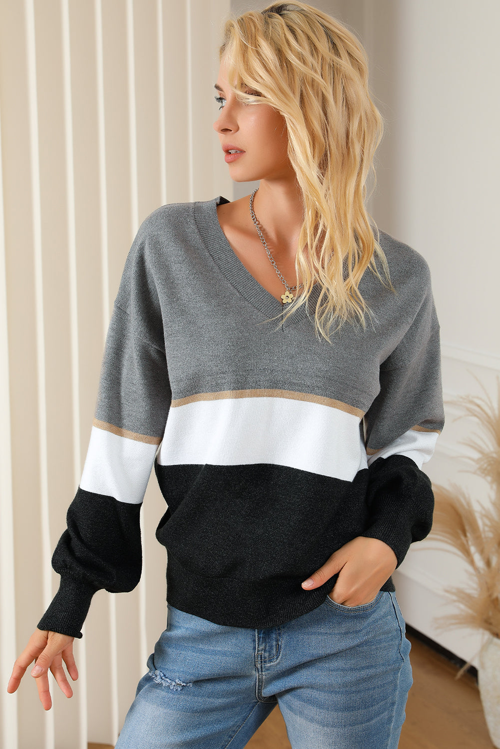 Color Block V Neck Long Sleeve Sweater-Angel Casuals