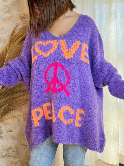 Peace Graphic V-Neck Long Sleeve Sweater-Angel Casuals