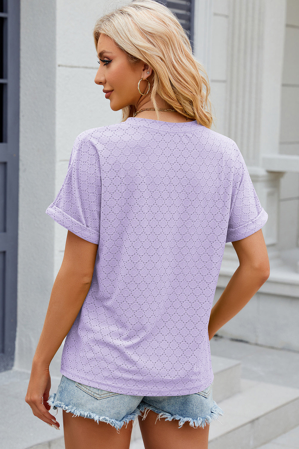 Eyelet Notched Short Sleeve T-Shirt-Angel Casuals