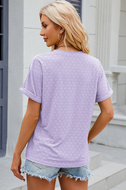 Eyelet Notched Short Sleeve T-Shirt-Angel Casuals