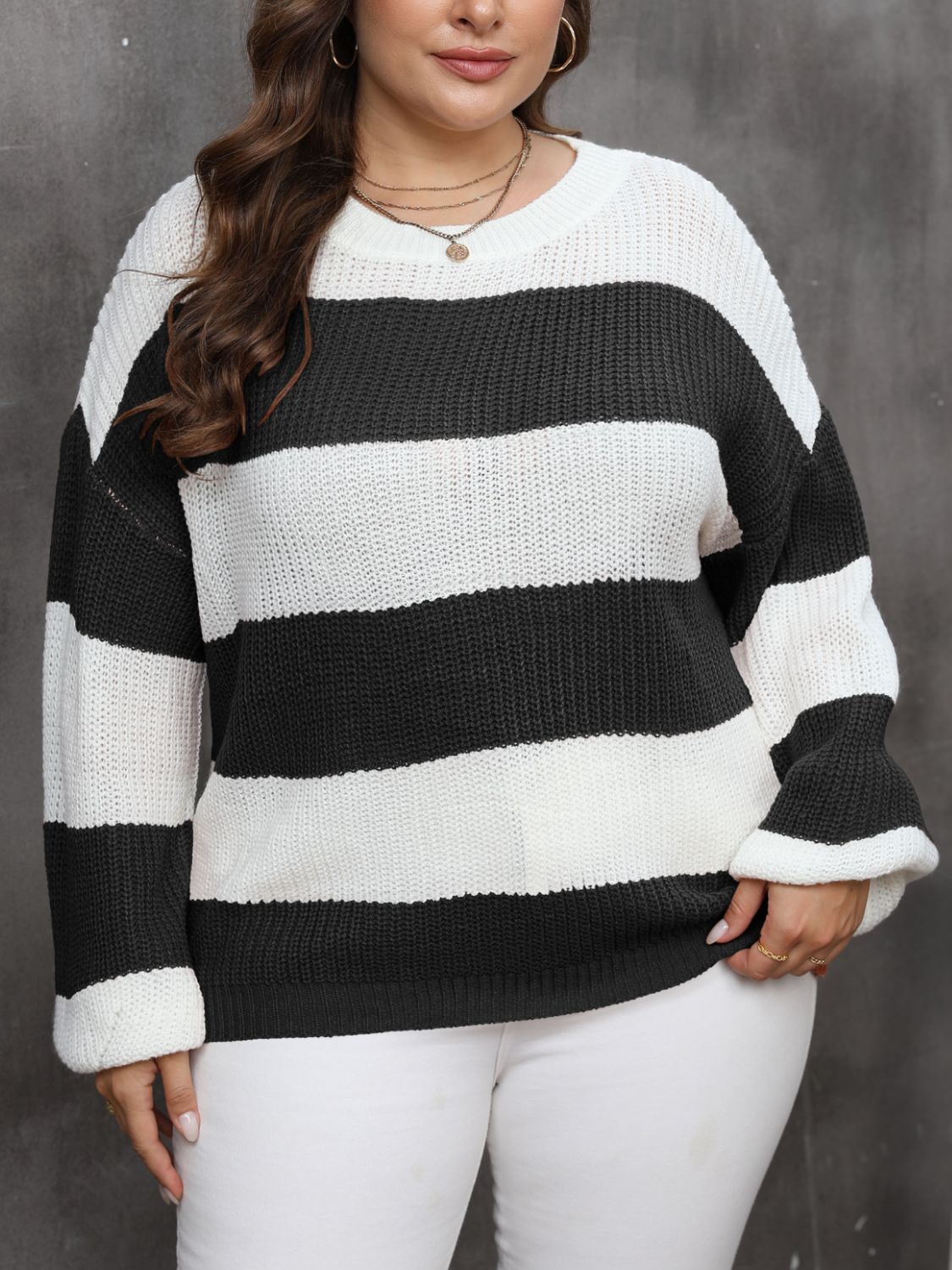 Plus Size Striped Round Neck Long Sleeve Sweater-Angel Casuals