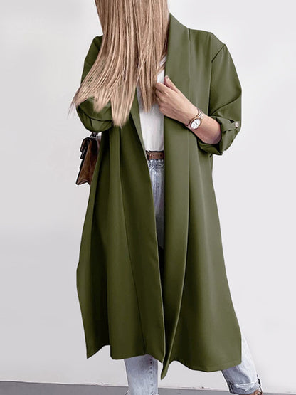 Slit Open Front Roll-Tab Sleeve Trench Coat-Angel Casuals