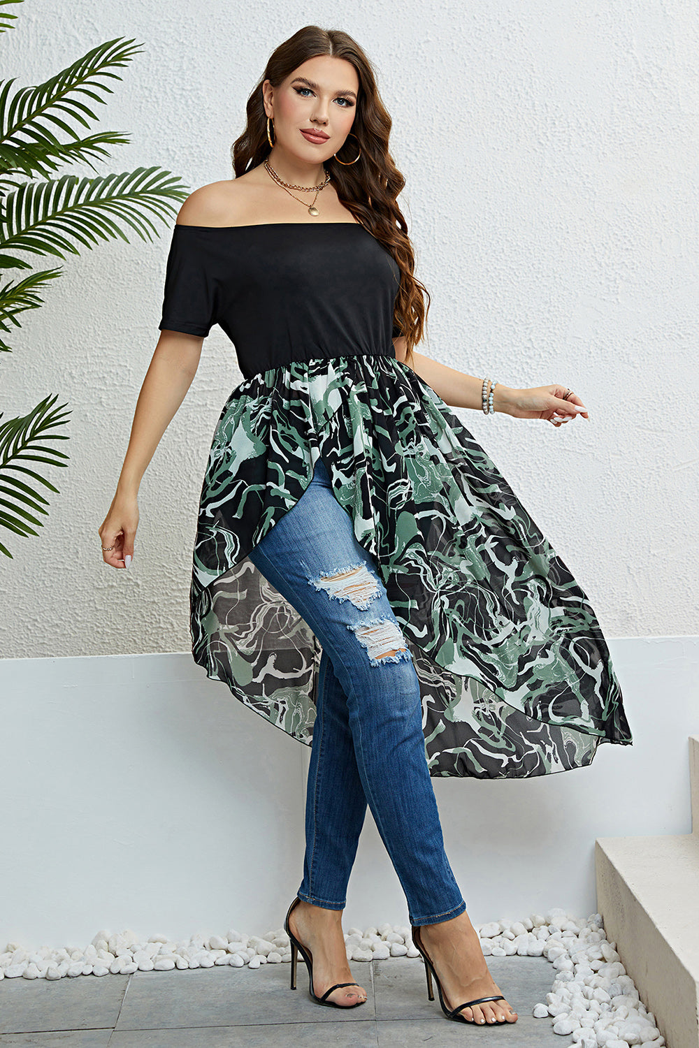 Plus Size Off-Shoulder Asymmetrical Hem Dress-Angel Casuals