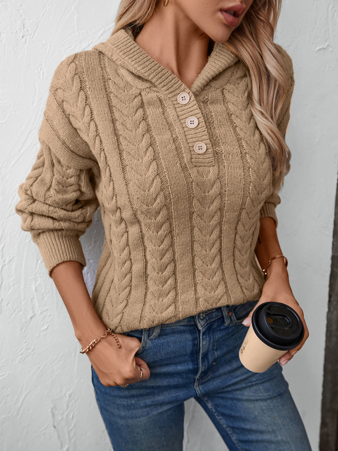 Cable-Knit Long Sleeve Hooded Sweater-Angel Casuals