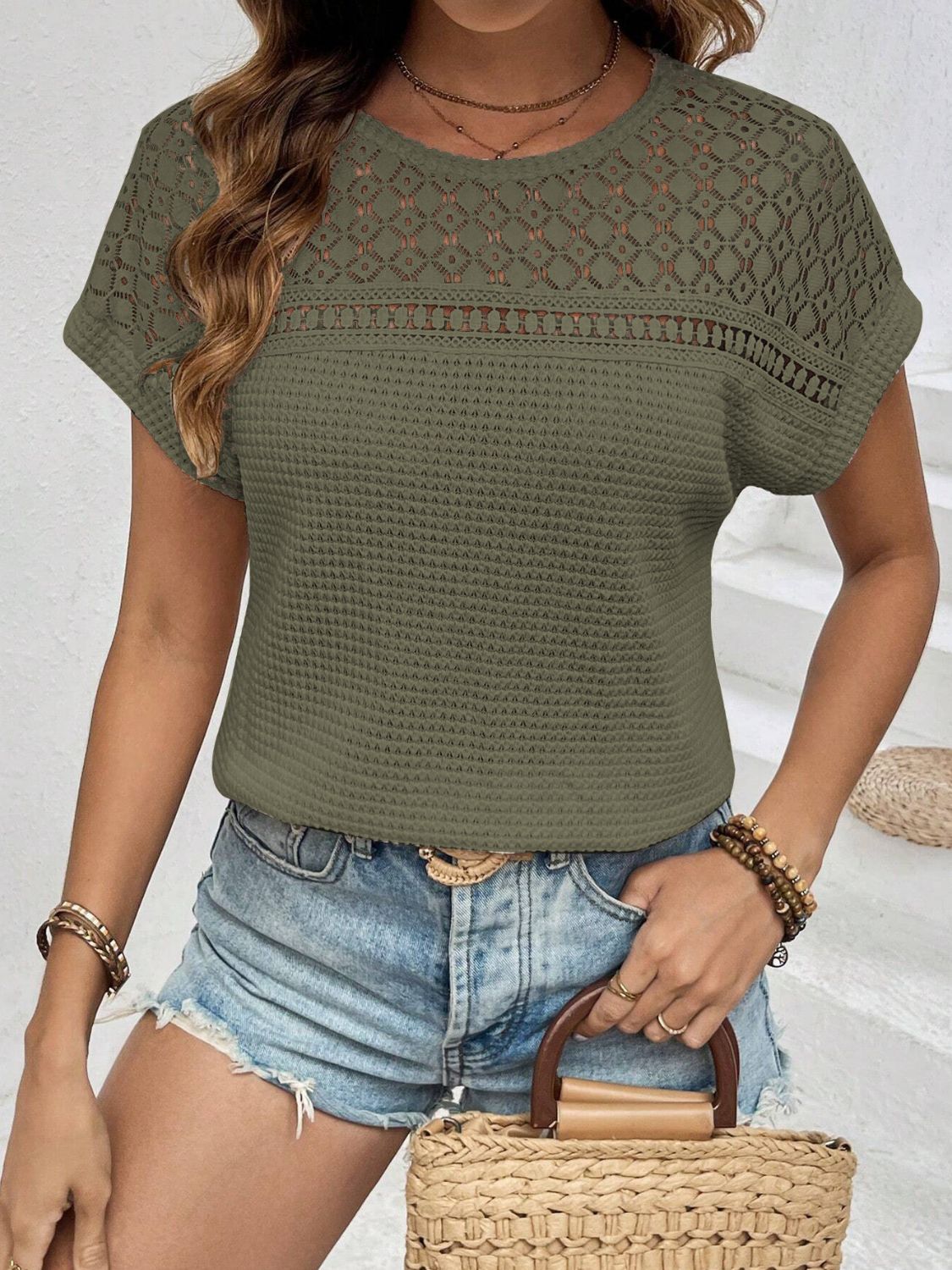 Waffle-Knit Round Neck Short Sleeve Top-Angel Casuals