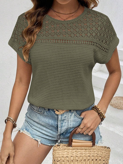 Waffle-Knit Round Neck Short Sleeve Top-Angel Casuals