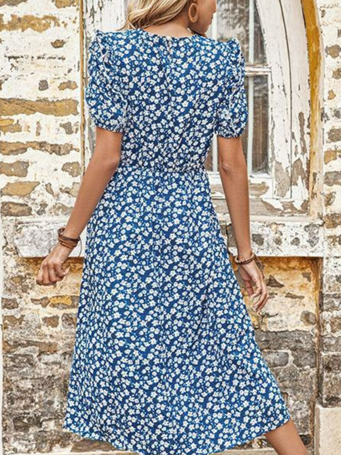 Floral Round Neck Split Midi Dress-Angel Casuals