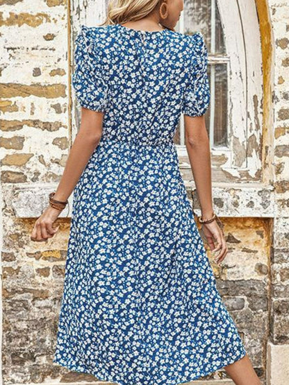 Floral Round Neck Split Midi Dress-Angel Casuals