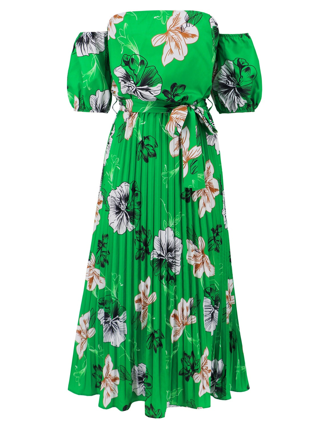 Pleated Floral Off-Shoulder Short Sleeve Midi Dress-Angel Casuals