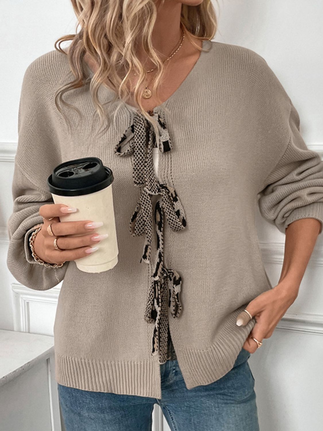 Perfee Tied Contrast Heart V-Neck Long Sleeve Cardigan-Angel Casuals