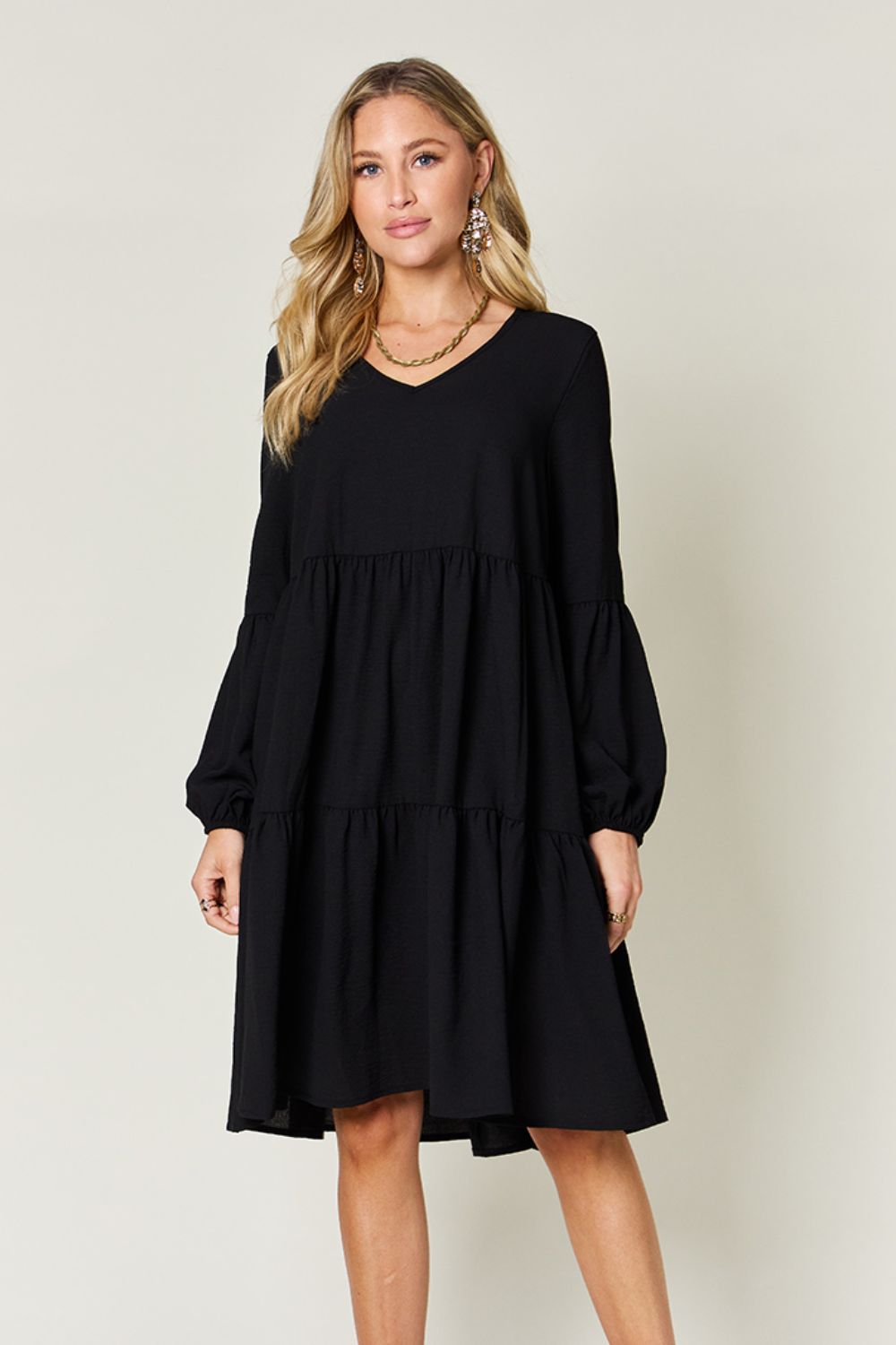 Double Take Full Size V-Neck Balloon Sleeve Tiered Dress-Angel Casuals