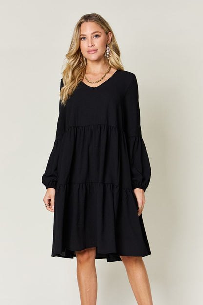 Double Take Full Size V-Neck Balloon Sleeve Tiered Dress-Angel Casuals