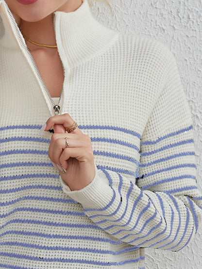 Striped Half Zip Long Sleeve Sweater-Angel Casuals