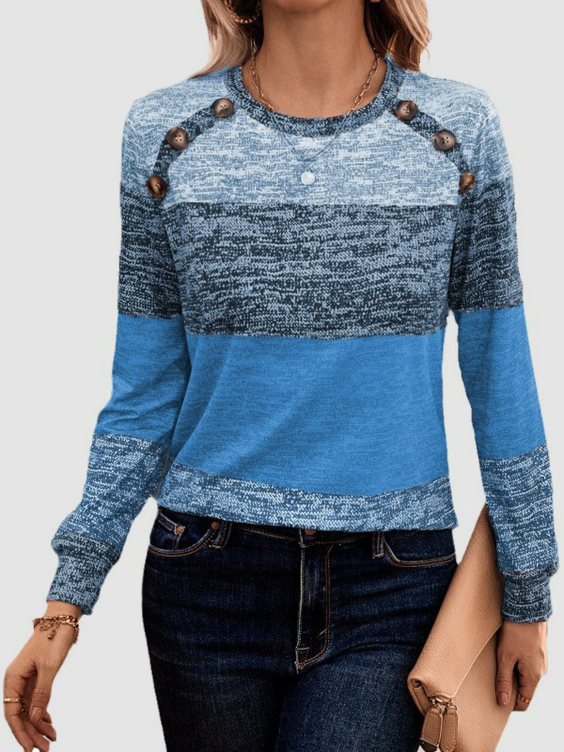 Decorative Button Contrast Round Neck Long Sleeve T-Shirt-Angel Casuals