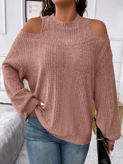 Round Neck Cold Shoulder Sweater-Angel Casuals