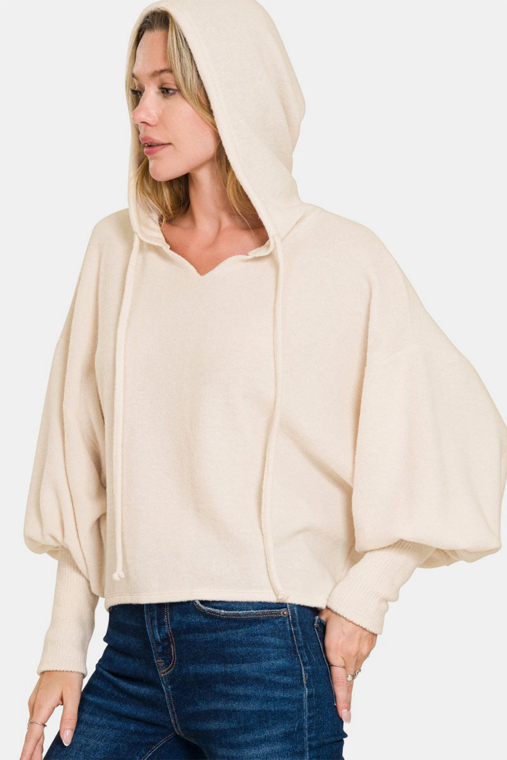 Zenana Brushed Hacci Drop Shoulder Cropped Hoodie-Angel Casuals