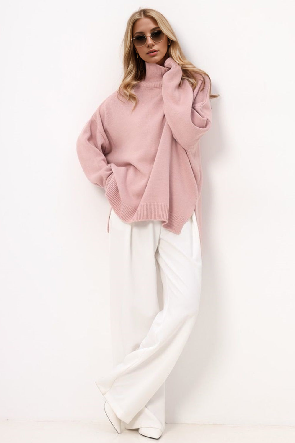 Basic Bae Side Slit Turtleneck Long Sleeve Sweater-Angel Casuals