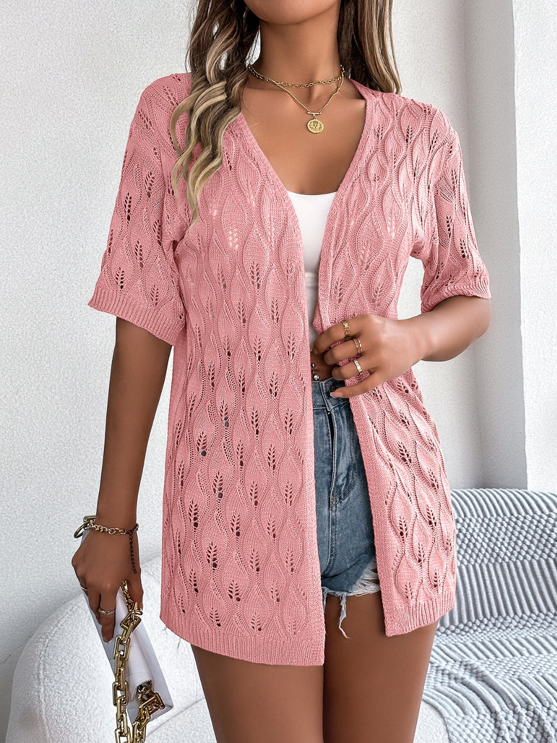 Openwork Open Front Short Sleeve Cardigan-Angel Casuals