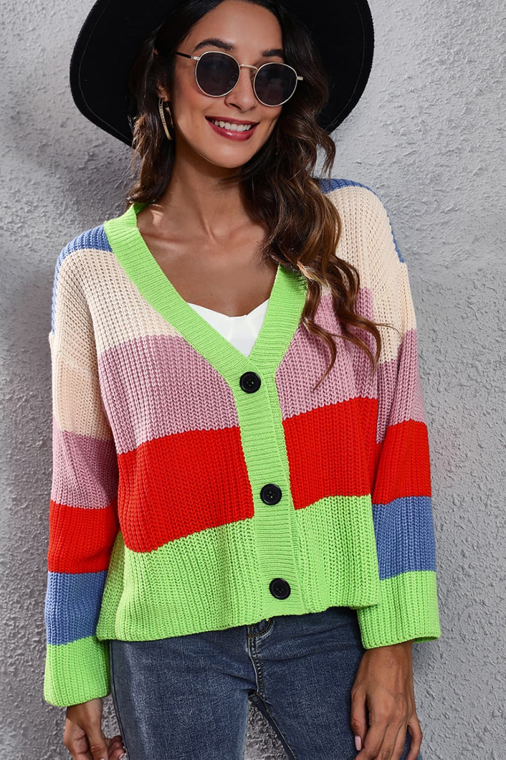 Color Block Button-Down Dropped Shoulder Cardigan-Angel Casuals