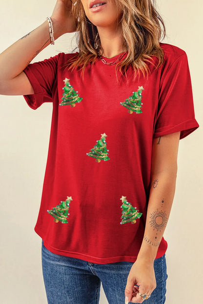 Sequin Christmas Tree Round Neck Short Sleeve T-Shirt-Angel Casuals