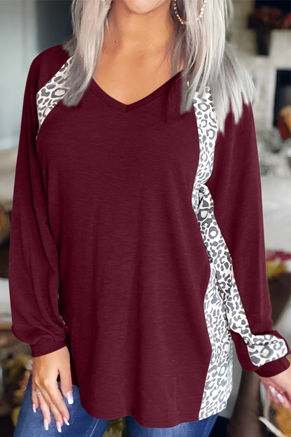 Full Size Leopard V-Neck Long Sleeve T-Shirt-Angel Casuals