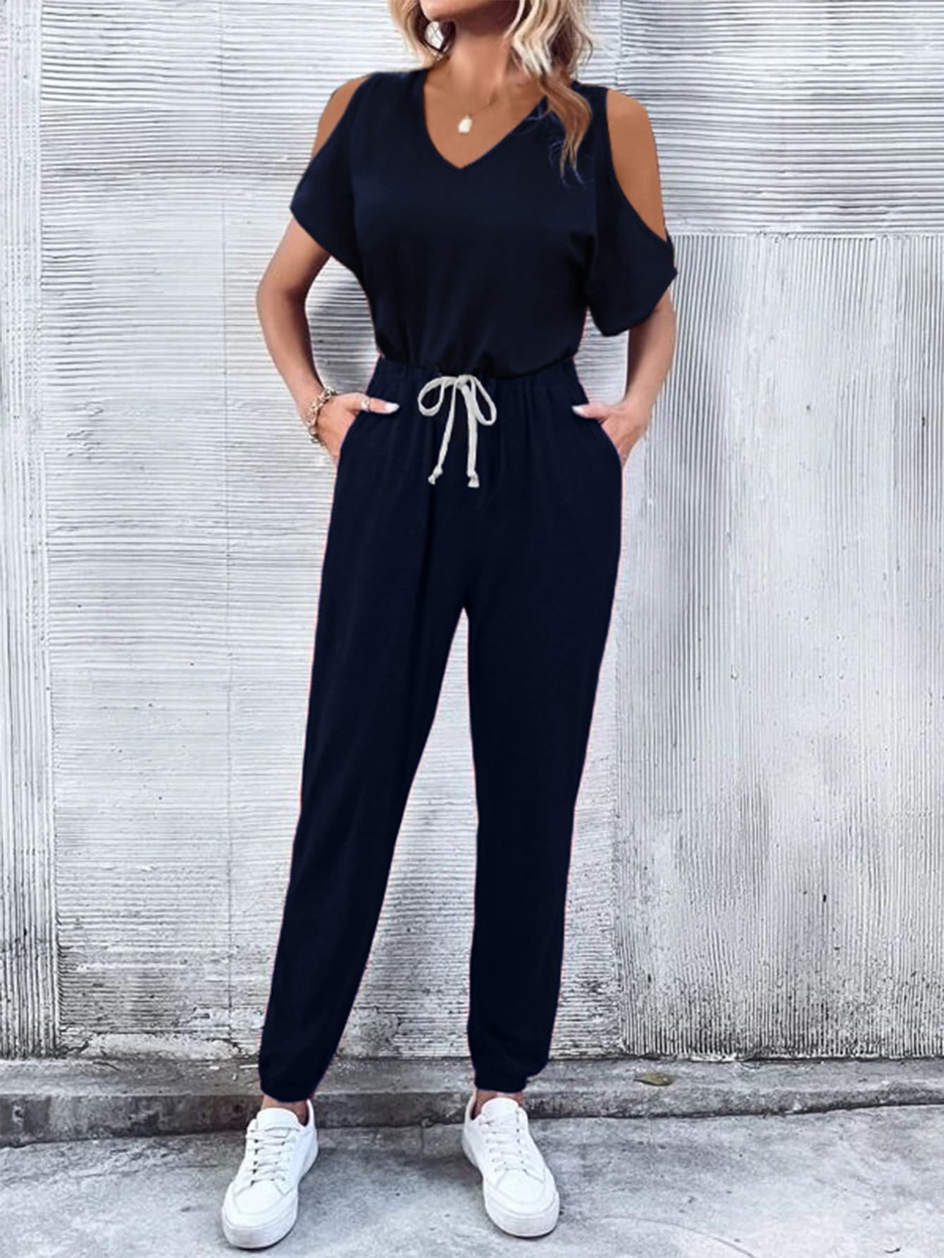 V-Neck Cold-Shoulder Jumpsuit with Pockets-Angel Casuals