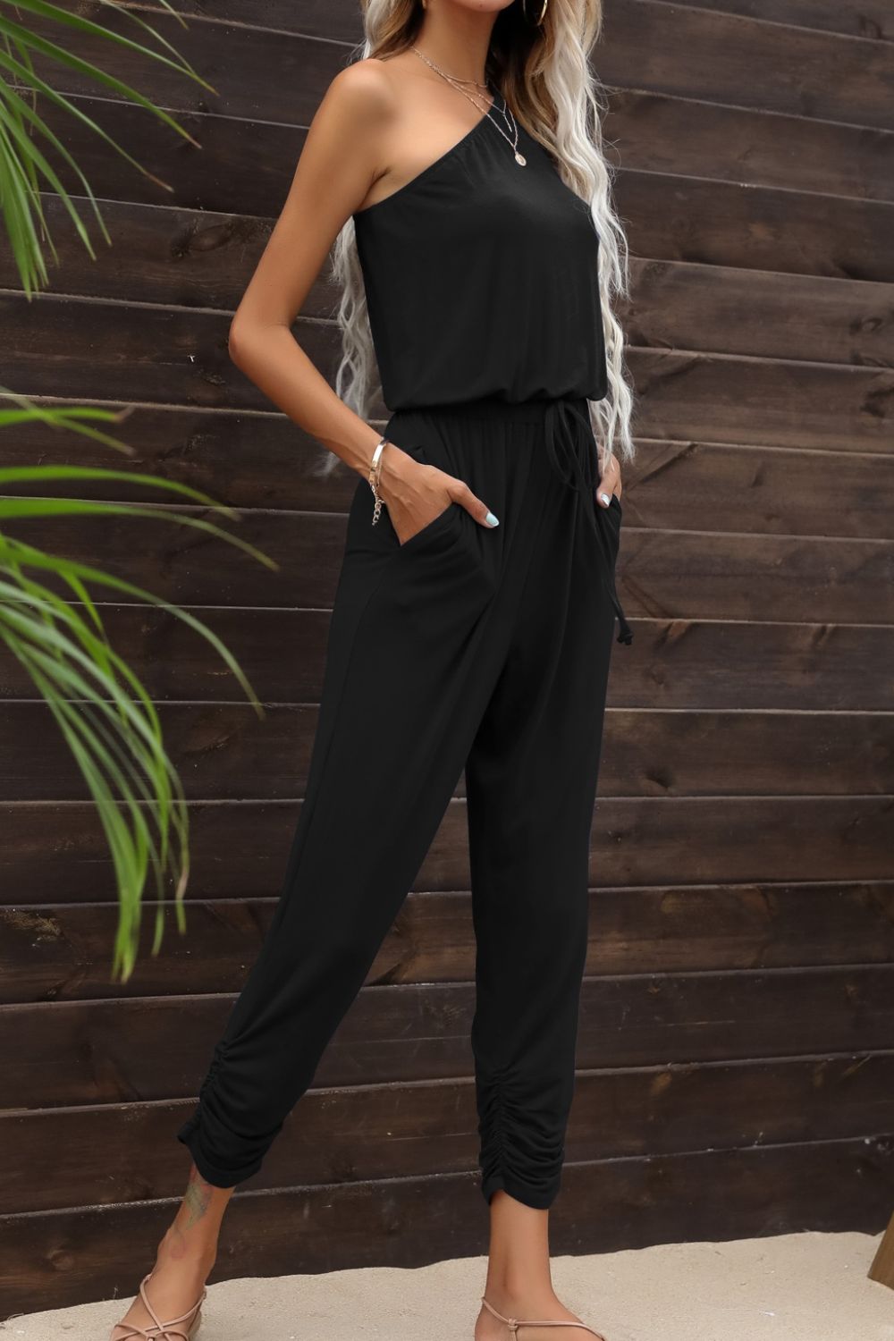 Drawstring Waist One-Shoulder Jumpsuit with Pockets-Angel Casuals