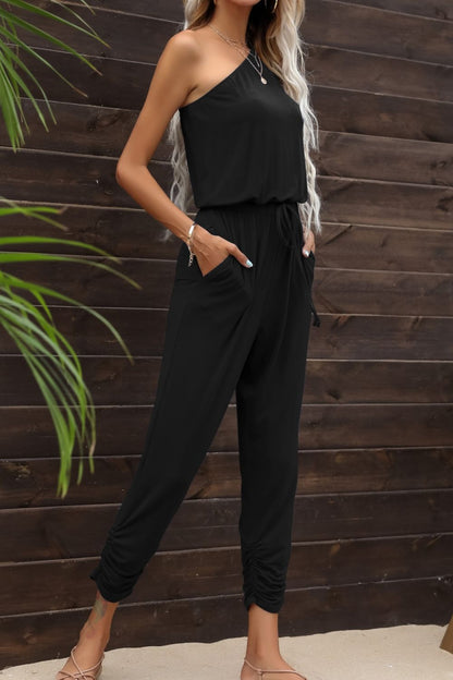 Drawstring Waist One-Shoulder Jumpsuit with Pockets-Angel Casuals