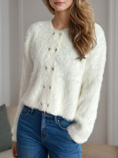 Heart Button Round Neck Cardigan-Angel Casuals