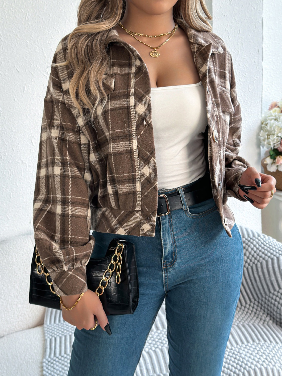 Plaid Button Up Long Sleeve Jacket-Angel Casuals
