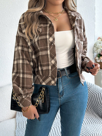 Plaid Button Up Long Sleeve Jacket-Angel Casuals