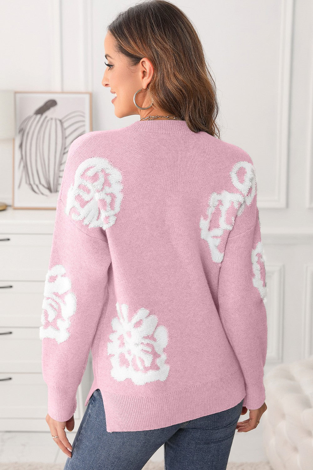 Slit Round Neck Dropped Shoulder Sweater-Angel Casuals