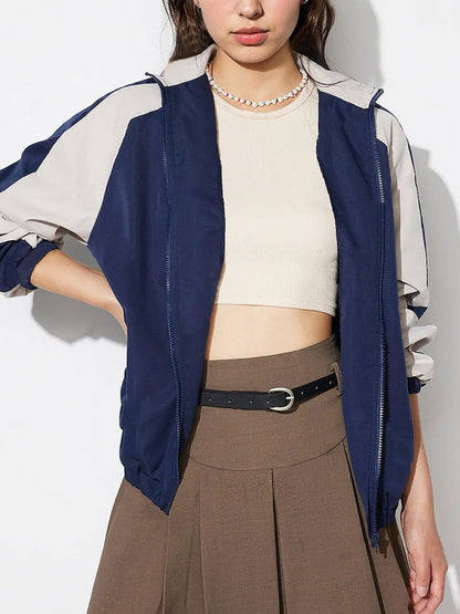 Contrast Zip Up Collared Neck Long Sleeve Jacket-Angel Casuals