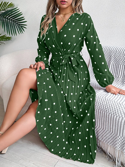 Tied Polka Dot Long Sleeve Midi Dress-Angel Casuals