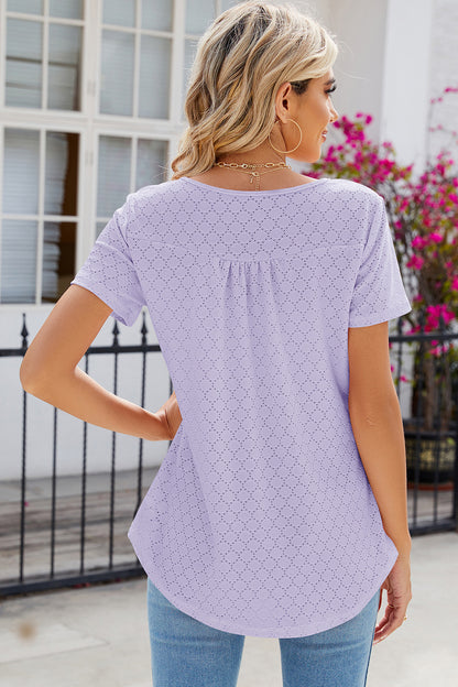 Eyelet Quarter Button Short Sleeve T-Shirt-Angel Casuals
