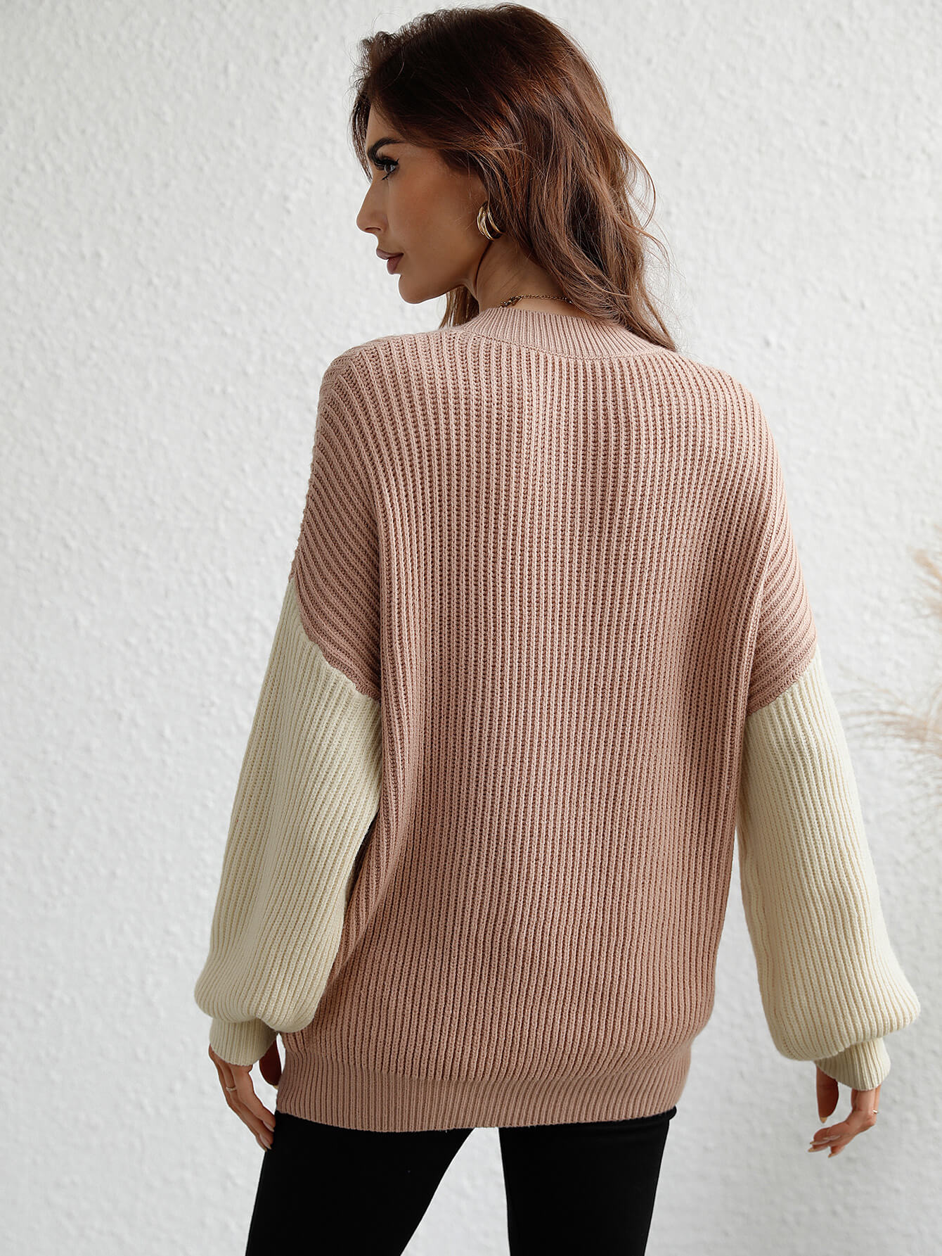 Two-Tone Rib-Knit Dropped Shoulder Sweater-Angel Casuals