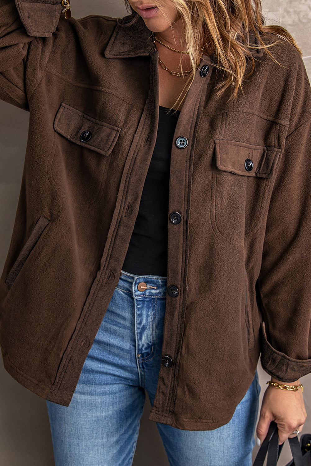 Button Up Collared Neck Long Sleeve Jacket-Angel Casuals