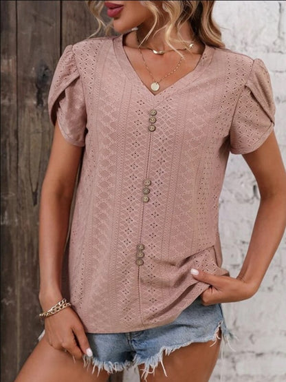Eyelet V-Neck Petal Sleeve T-Shirt-Angel Casuals