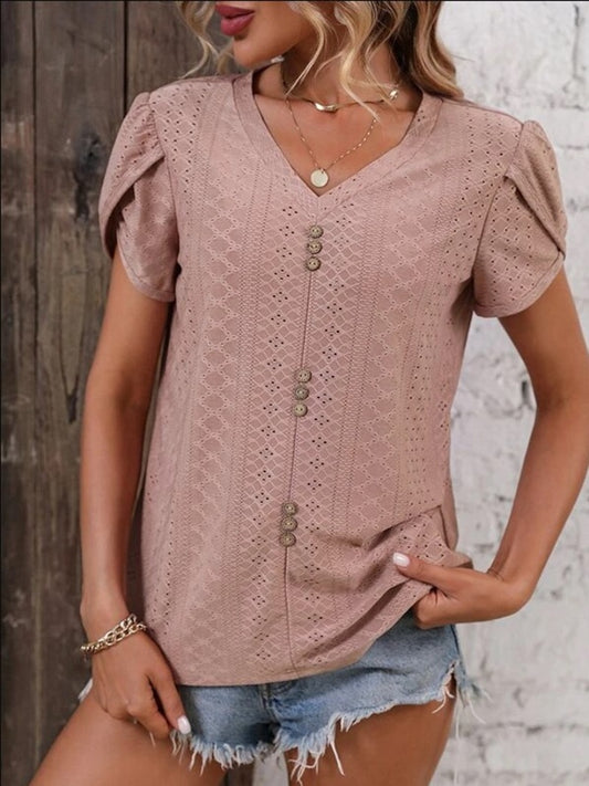 Eyelet V-Neck Petal Sleeve T-Shirt-Angel Casuals