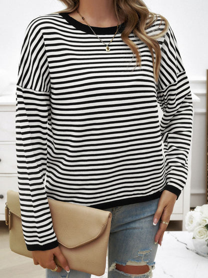 Devine Striped Round Neck Dropped Shoulder Sweater-Angel Casuals