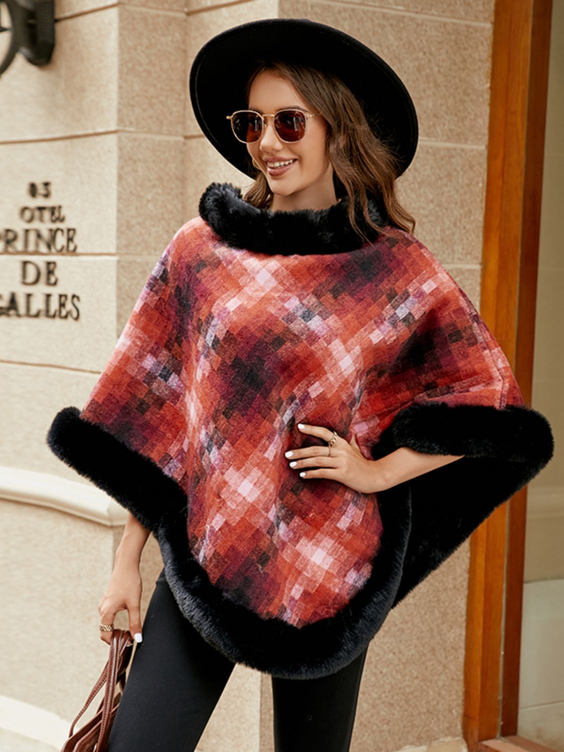 Faux Fur Trim Poncho-Angel Casuals