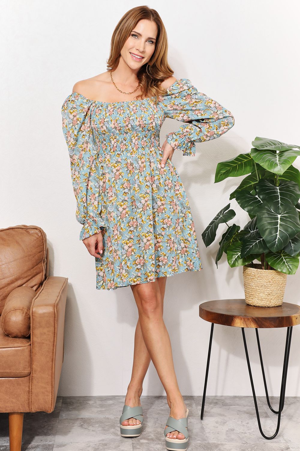 Floral Smocked Flounce Sleeve Square Neck Dress-Angel Casuals