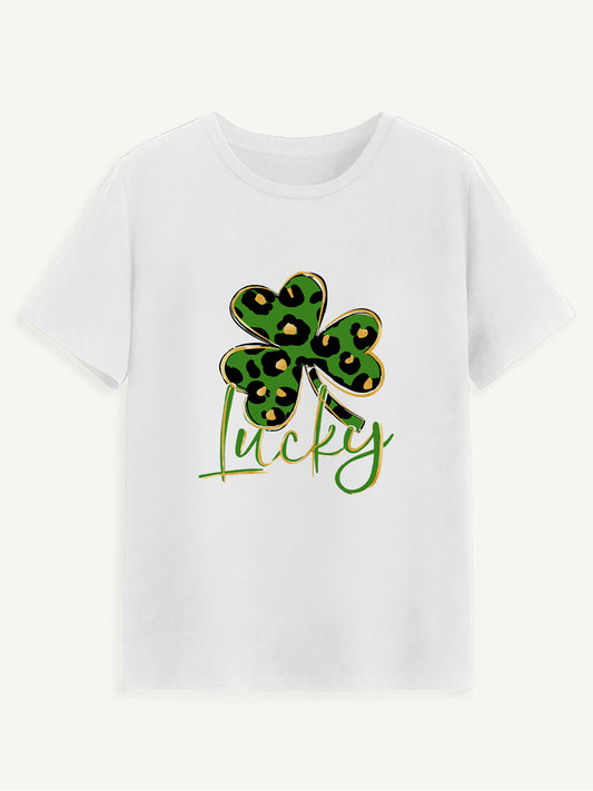 Lucky Clover Round Neck Short Sleeve T-Shirt-Angel Casuals