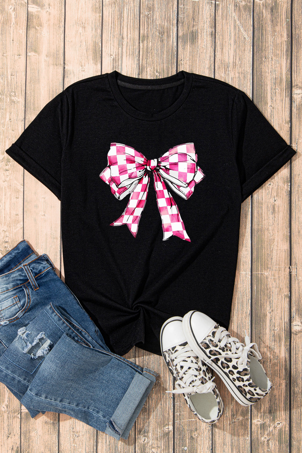 Bow Graphic Round Neck Short Sleeve T-Shirt-Angel Casuals