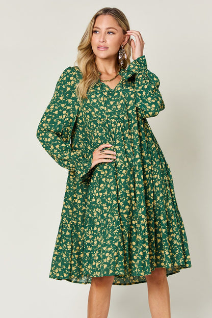 Double Take Full Size Printed Ruffle Hem Long Sleeve Dress-Angel Casuals