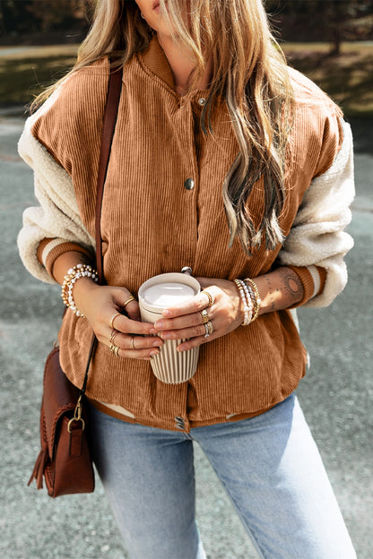 Contrast Baseball Collar Snap Down Long Sleeve Jacket-Angel Casuals