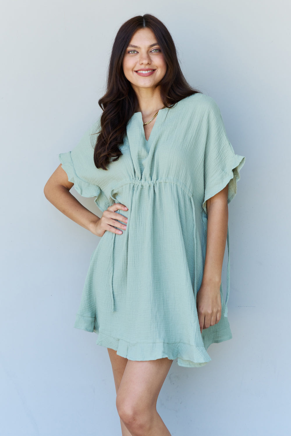 Ninexis Out Of Time Full Size Ruffle Hem Dress with Drawstring Waistband in Light Sage-Angel Casuals